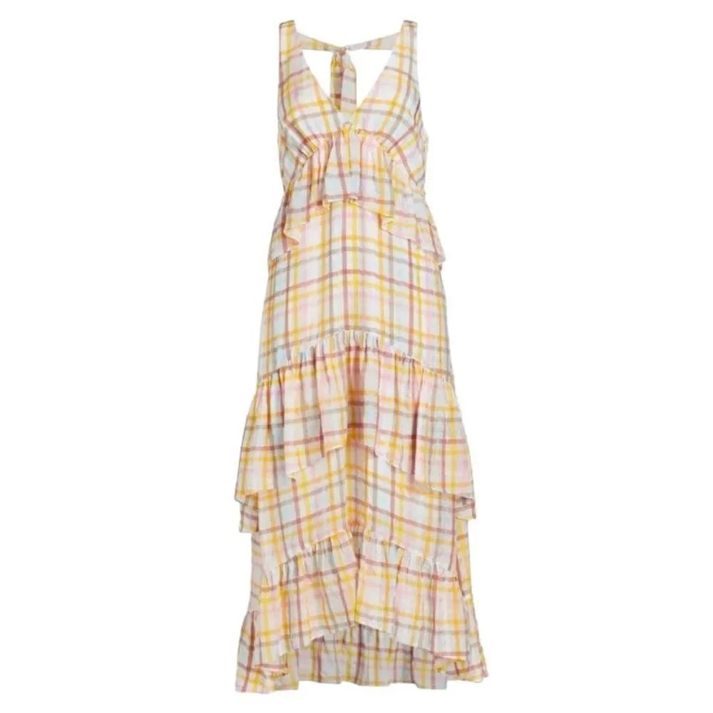 NEW NWT Cinq a Sept Astor Tiered Ruffle Midi Dress Pastel Plaid Womens Size 4
